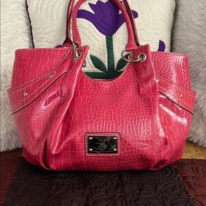 Vibrant Pink Crocodile-Embossed Leather Tote with Silver Hardware.
